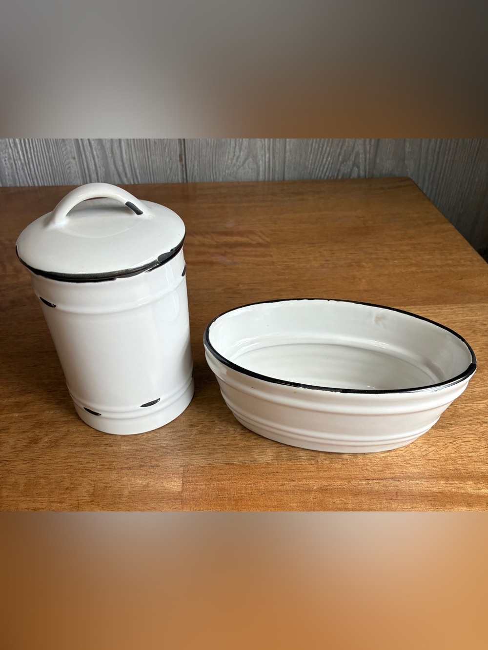 Vintage White Enamel Basin((6”) & candle holder(6”)